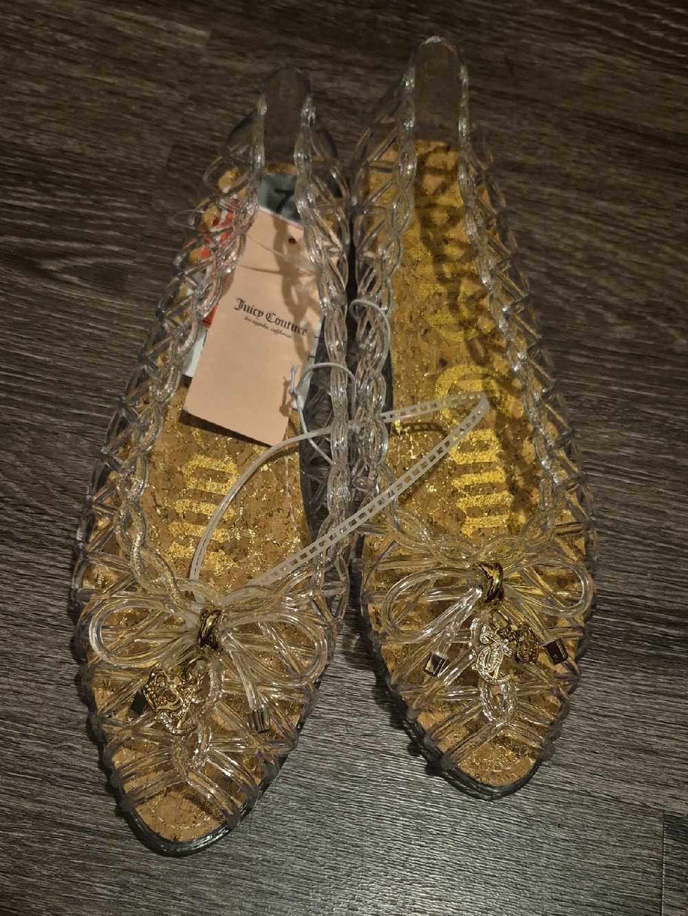 Juicy Couture Clear Jelly Pointed Toe Flats with Gold Insole and Bow Charms